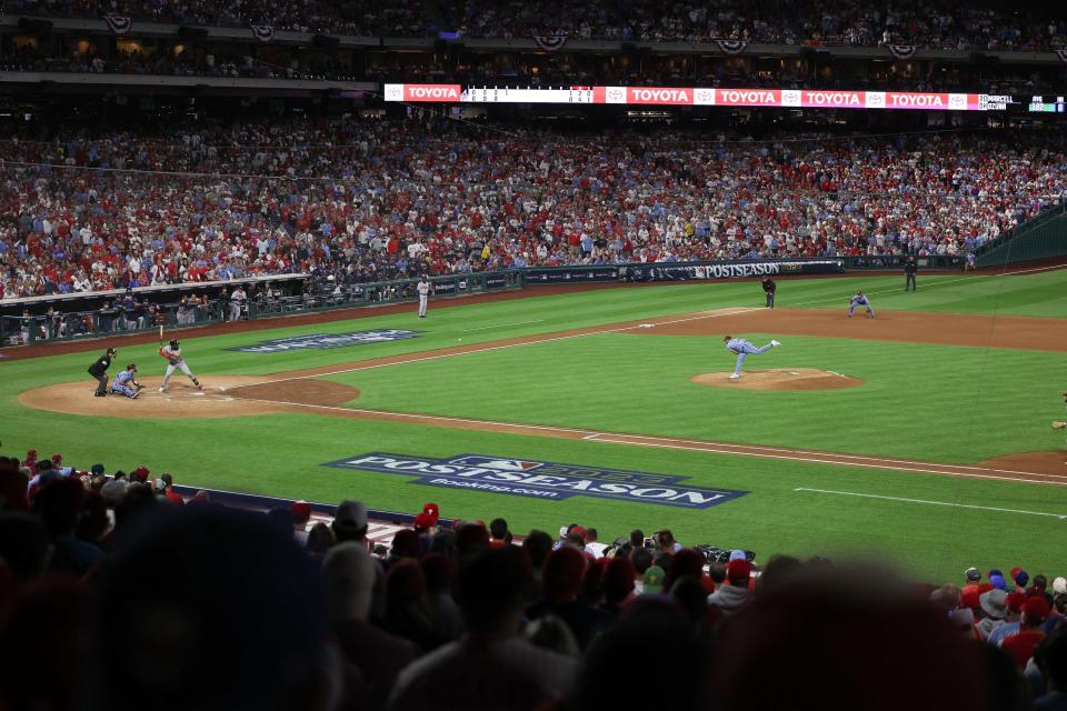 Philadelphia Phillies starting pitcher Ranger Suarez throws against the Atlanta Braves during the fourth inning during game four of the NLDS for the 2023 MLB playoffs at Citizens Bank Park.
