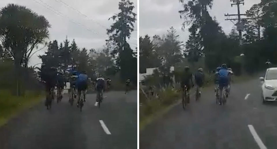 At one point, one of the cyclists crosses the centre line, narrowly avoiding a passing car. Source: Nikki Bessem