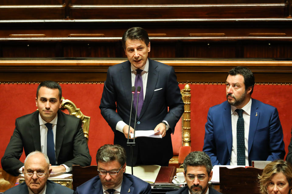 From left to right: Luigi Di Maio, Giueseppe Conte and Matteo Salvini. (Photo: Bloomberg via Getty Images)