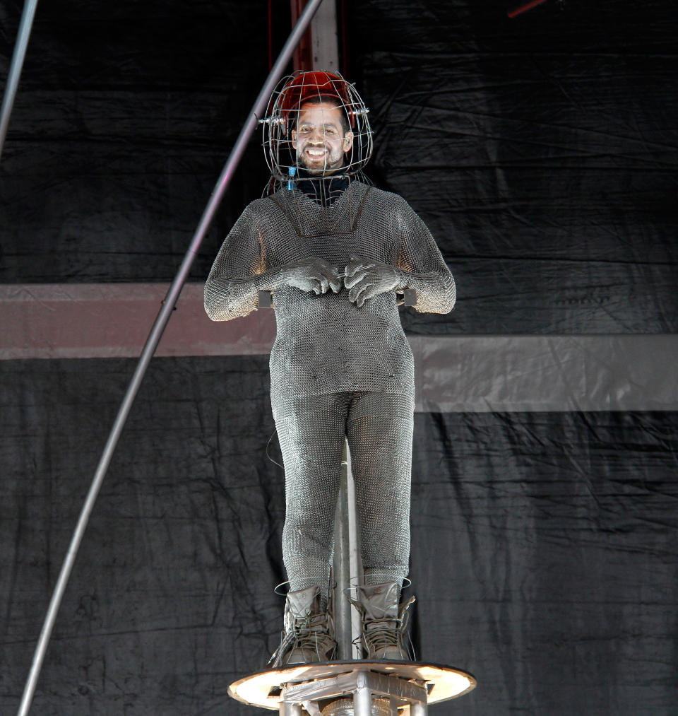 NEW YORK, NY - OCTOBER 08: David Blaine attends the "Electrified: 1 Million Volts Always On" stunt medical briefing at Pier 54 on October 8, 2012 in New York City. (Photo by Laura Cavanaugh/Getty Images)