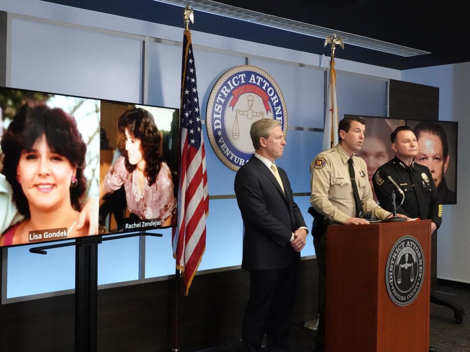 Flanked by photos of two murder victims and the suspect, Ventura County Sheriff Jim Fryhoff, at podium, talks about a recent arrest in the 1981 case with District Attorney Erik Nasarenko, left, and Oxnard Police Chief Jason Benites on Thursday.