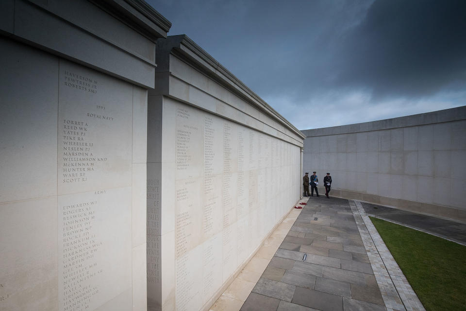 <p>The Duke of Gloucester (center) views the names of the fallen as he attends the annual Armistice Day Service at The National Memorial Arboretum on Nov. 11, 2017 in Alrewas, England. (Photo: Christopher Furlong/Getty Images) </p>