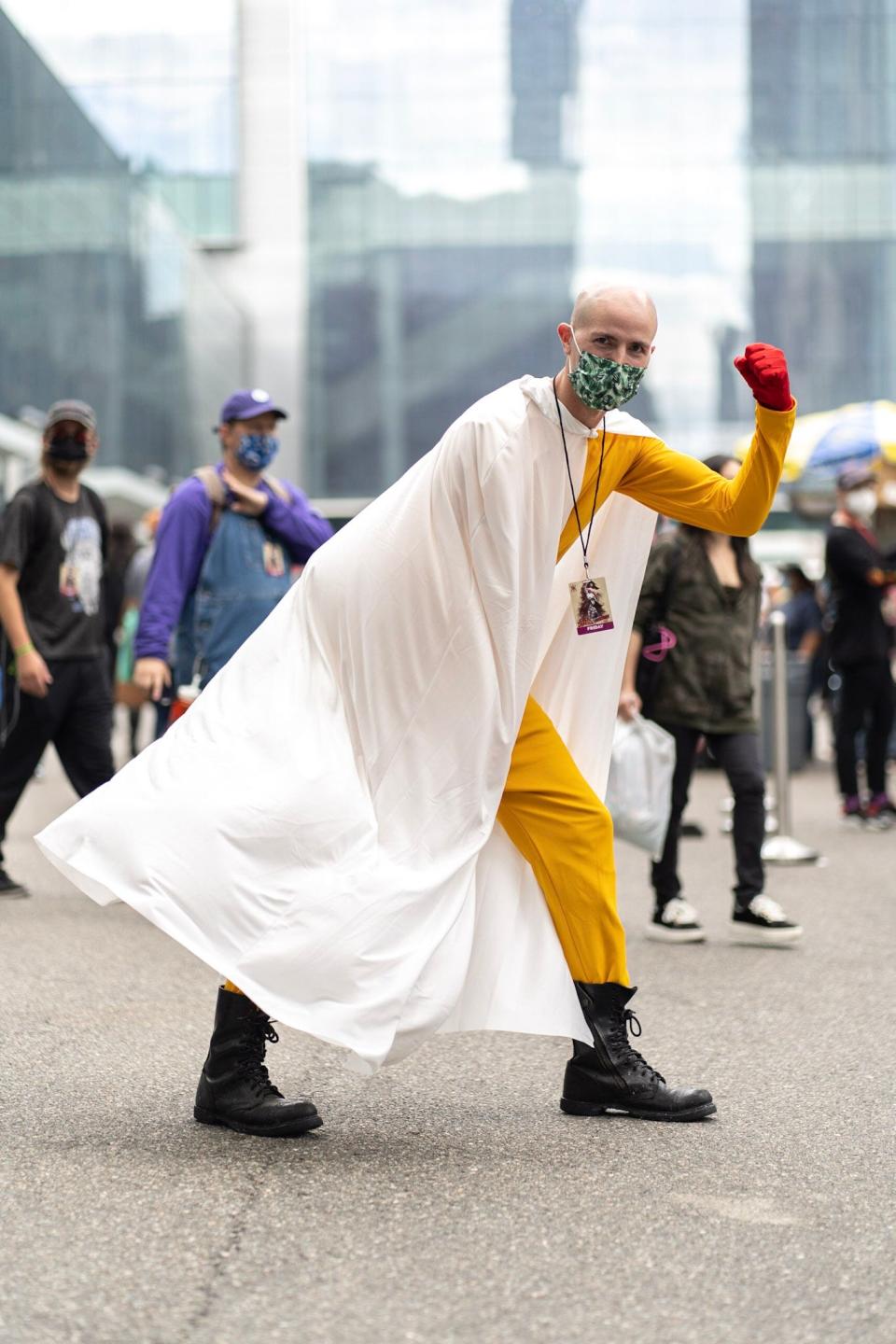 A cosplayer dressed as Saitama from "One-Punch Man" at New York Comic Con 2021.