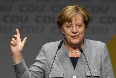 German Chancellor Angela Merkel delivers her speech during a Lower Saxony's Christian Democratic Union's (CDU) regional election campaign rally in Stade, Germany October13, 2017. REUTERS/Fabian Bimmer