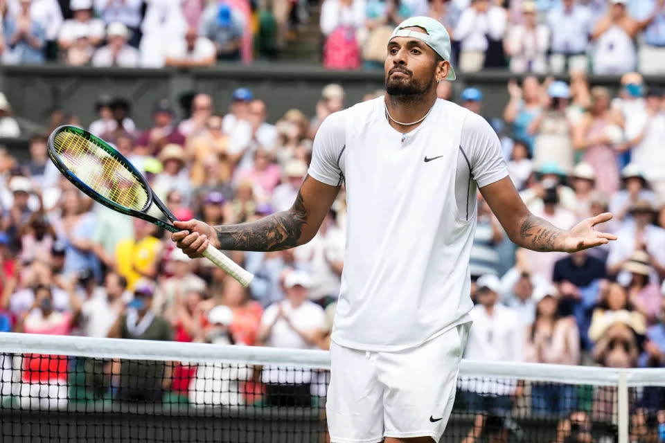 Seen here, Nick Kyrgios celebrates his fourth round win against Brandon Nakashima at Wimbledon. 