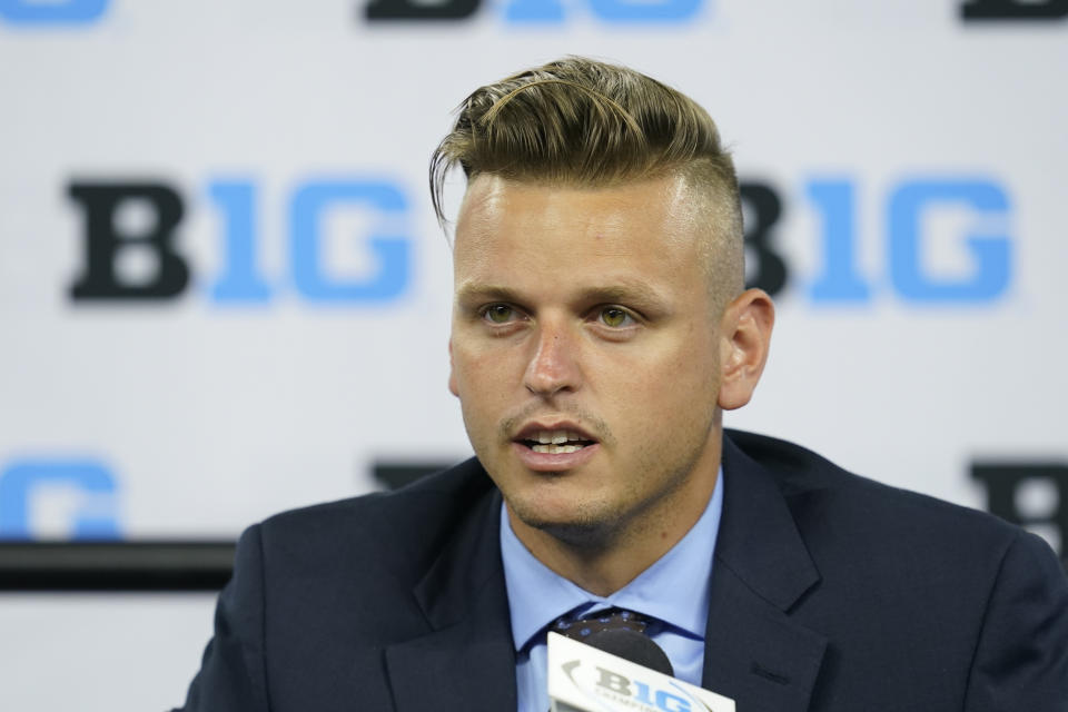 FILE - Rutgers punter Adam Korsak talks to reporters during an NCAA college football news conference at the Big Ten Conference media days, at Lucas Oil Stadium, Wednesday, July 27, 2022, in Indianapolis. Korsak was named to the Associated Press preseason All-America team, Monday, Aug. 22, 2022. (AP Photo/Darron Cummings, File)