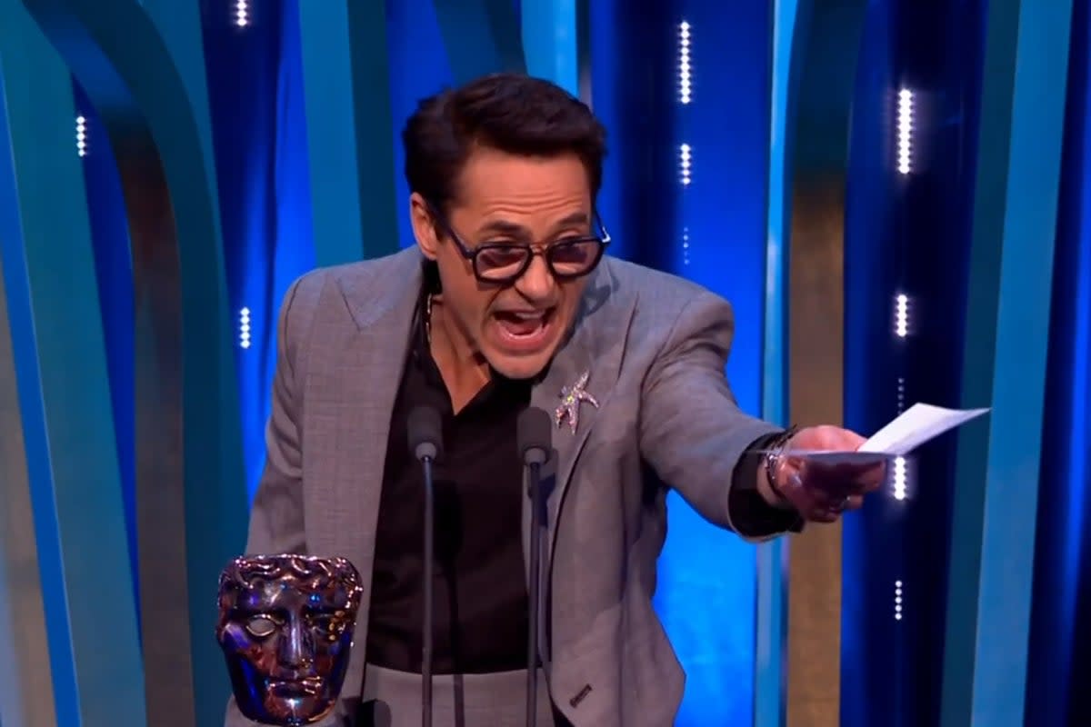 Robert Downey Jr accepting the award for Best Supporting Actor at the 2024 Baftas (BBC)