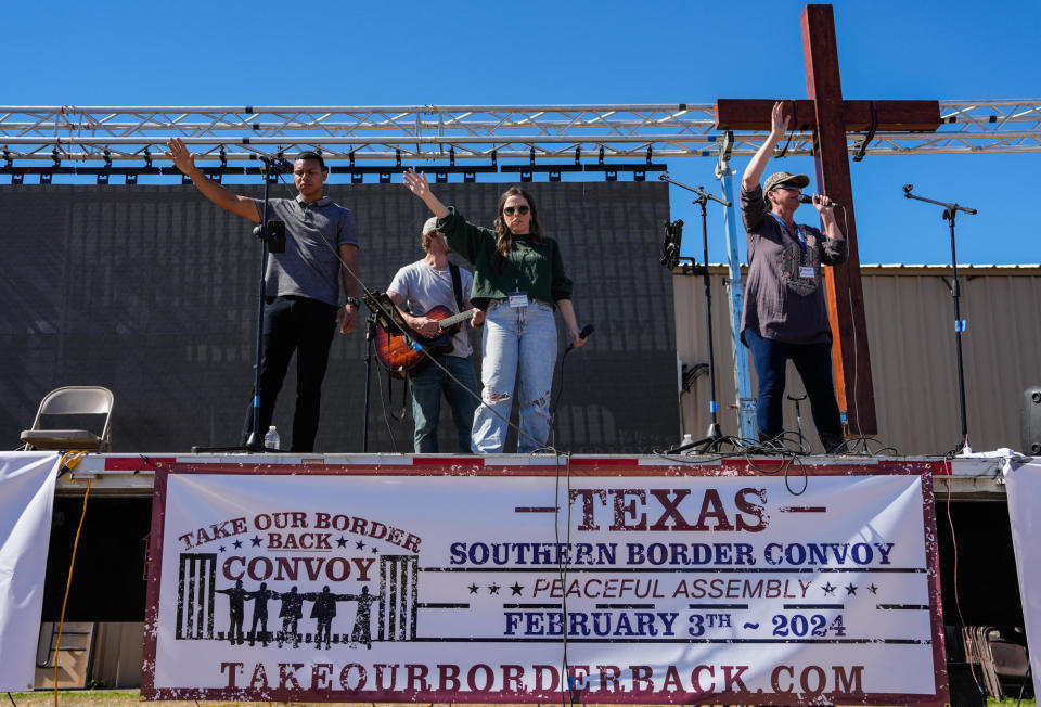 People from all over the U.S. are led in prayer as they gather as part of the Take Our Border Back convoy on Feb. 3, 2024, in Quemado, Texas.  / Credit: Raquel Natalicchio/Houston Chronicle via Getty Images