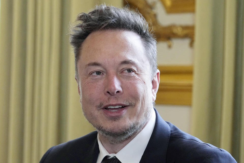 FILE - Twitter, now X Corp., and Tesla CEO Elon Musk poses prior to his talks with French President Emmanuel Macron, May 15, 2023, at the Elysee Palace in Paris. Israeli Prime Minister Benjamin Netanyahu's office says he will meet billionaire businessman Elon Musk during a trip to the United States. Netanyahu’s office declined to discuss the agenda for the meeting on Monday, Sept. 18, 2023. But it comes at a time that Musk is facing accusations of tolerating antisemitic messages on his social media platform X, formerly known as Twitter. (AP Photo/Michel Euler, Pool, File)