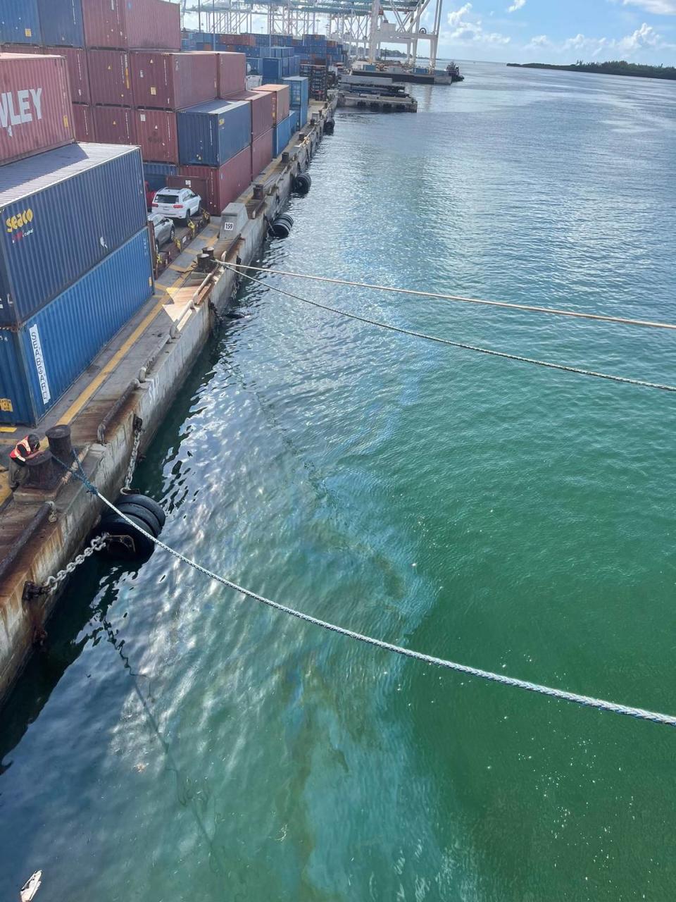 The Coast Guard released this image of fuel in the water near the container terminal at PortMiami Saturday afternoon, Aug. 13, 2022.