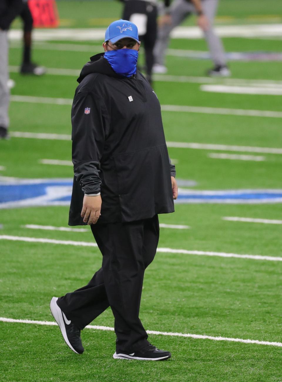 Lions coach Matt Patricia watches from the field before the game against the Saints on Sunday, Oct. 4, 2020, at Ford Field.