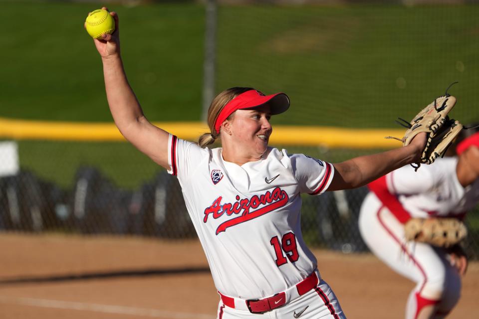 Arizona pitcher Madi Elish delivers a pitch against the Cal State Fullerton on Feb. 24 during the Mary Nutter Collegiate Classic in Cathedral City, Calif.