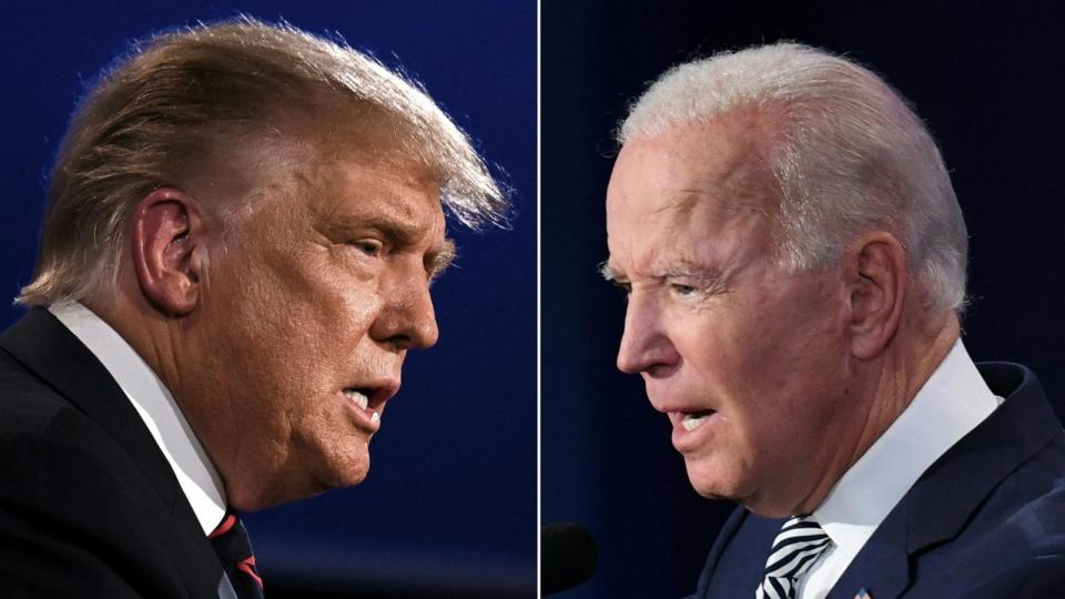PHOTO: This combination of pictures shows former President Donald Trump (L) and President Joe Biden squaring off during the first presidential debate at the Case Western Reserve University and Cleveland Clinic in Cleveland, Ohio on September 29, 2020. (Jim Watson and Saul Loeb/AFP via Getty Images, FILE)