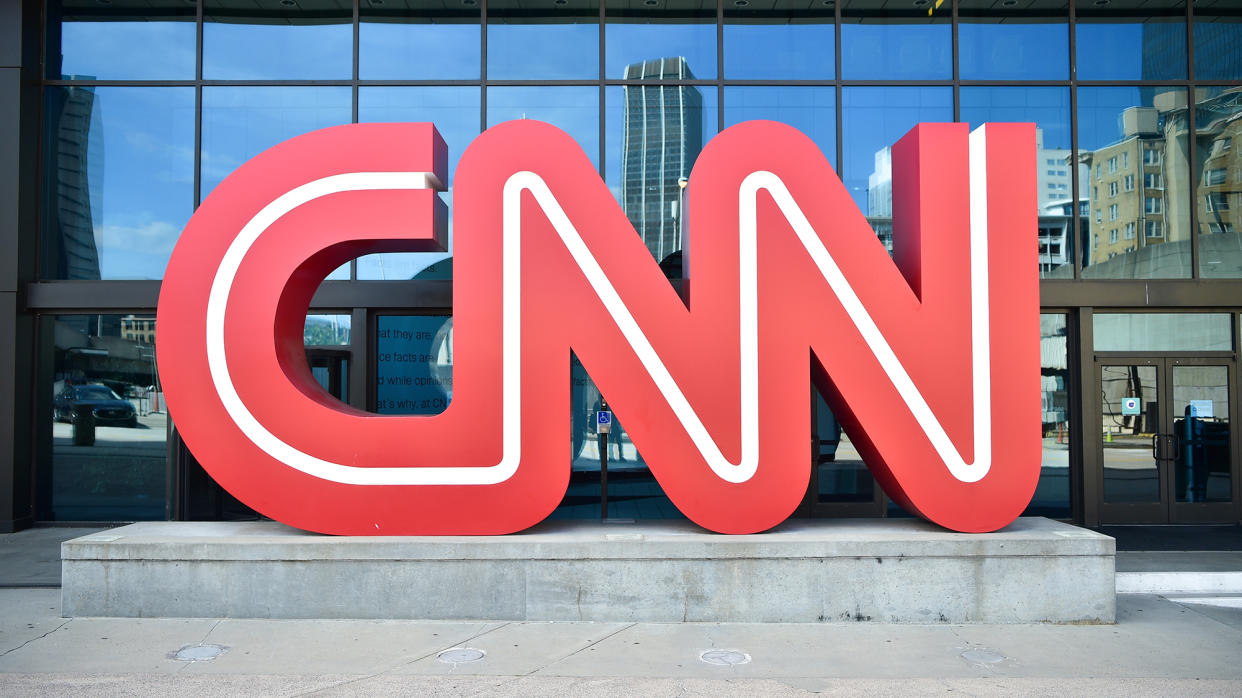  CNN sign outside press conference for the WBA Super Lightweight Championship at State Farm Arena on May 20, 2021 in Atlanta, Georgia. 