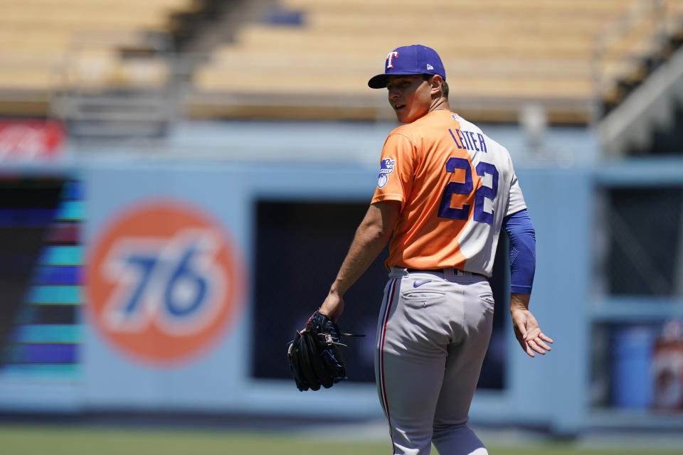 Jack Leiter, of the Texas Rangers, warms up before the MLB All-Star Futures baseball game, Saturday, July 16, 2022, in Los Angeles. (AP Photo/Jae C. Hong)