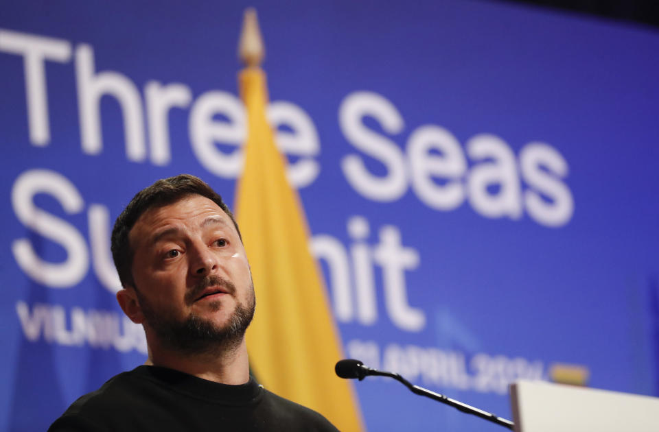 Ukraine's President Volodymyr Zelenskyy addresses a media conference at the Palace of the Grand Dukes of Lithuania during the Three Seas Initiative Summit and Business Forum in Vilnius, Thursday, April 11, 2024. (AP Photo/Mindaugas Kulbis)