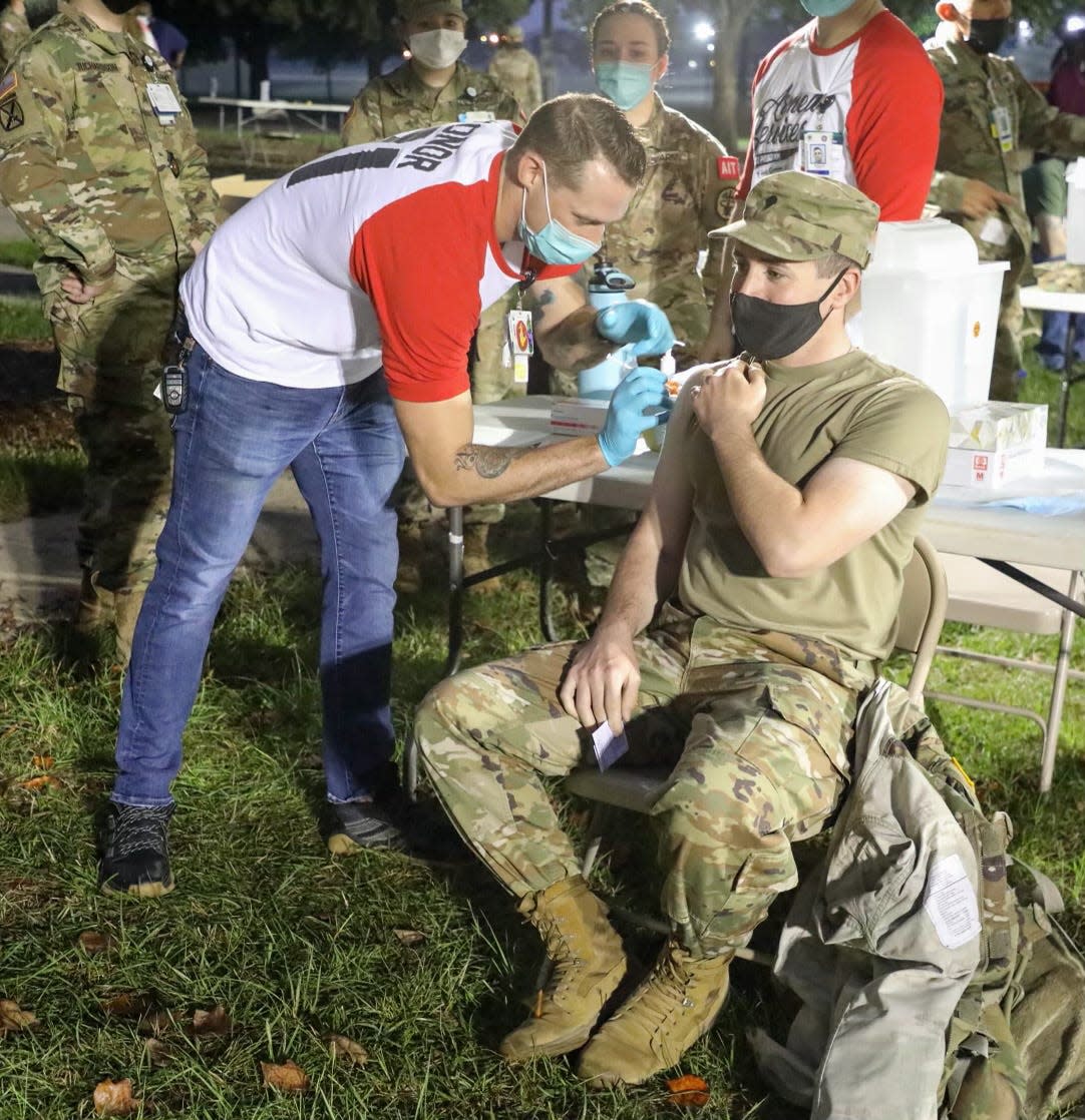 A soldier complied with DOD mandate and got vaccinated at a mass vaccination clinic at Eisenhower Medical Center in October. The Army will begin to immediately dismiss any soldier who refuses to get vaccinated.