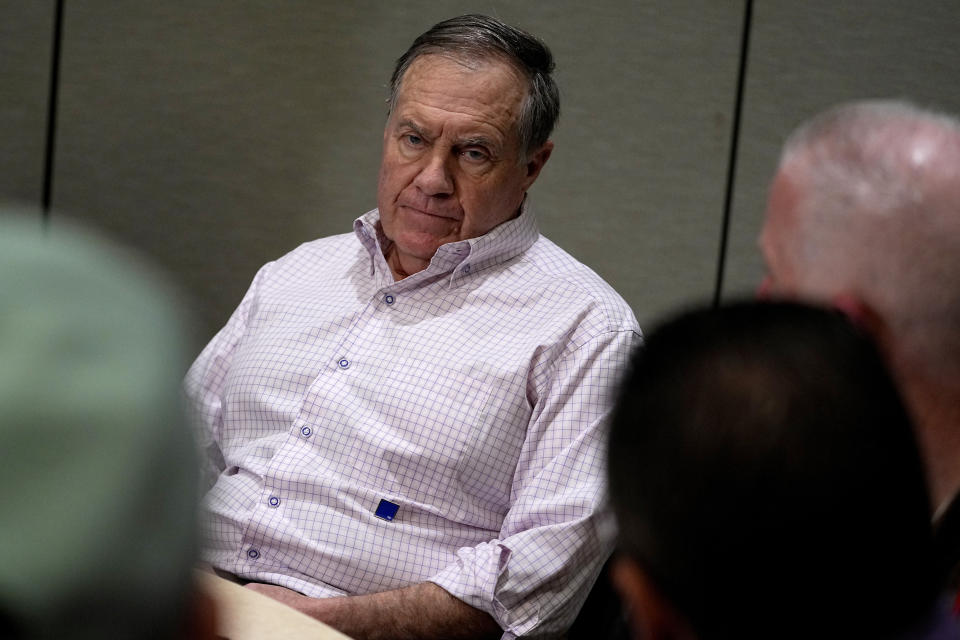 New England Patriots head coach Bill Belichick speaks during the AFC head coaches availability at the NFL meetings, Monday, March 27, 2023, in Phoenix. (AP Photo/Matt York)