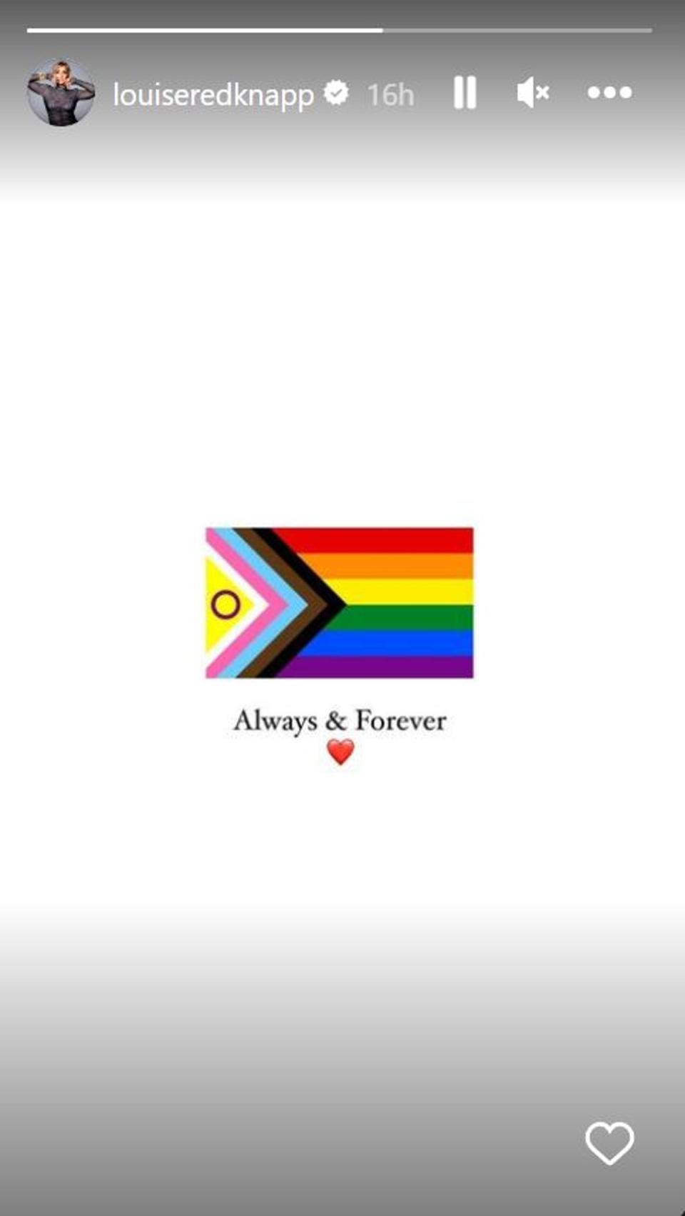 Louise Redknapp shared an image of the LGBTQ+ flag online in a message of solidarity (Instagram @louiseredknapp)