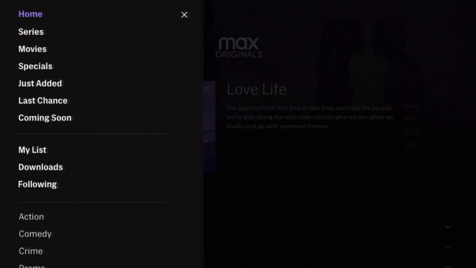 HBO Max sidebar