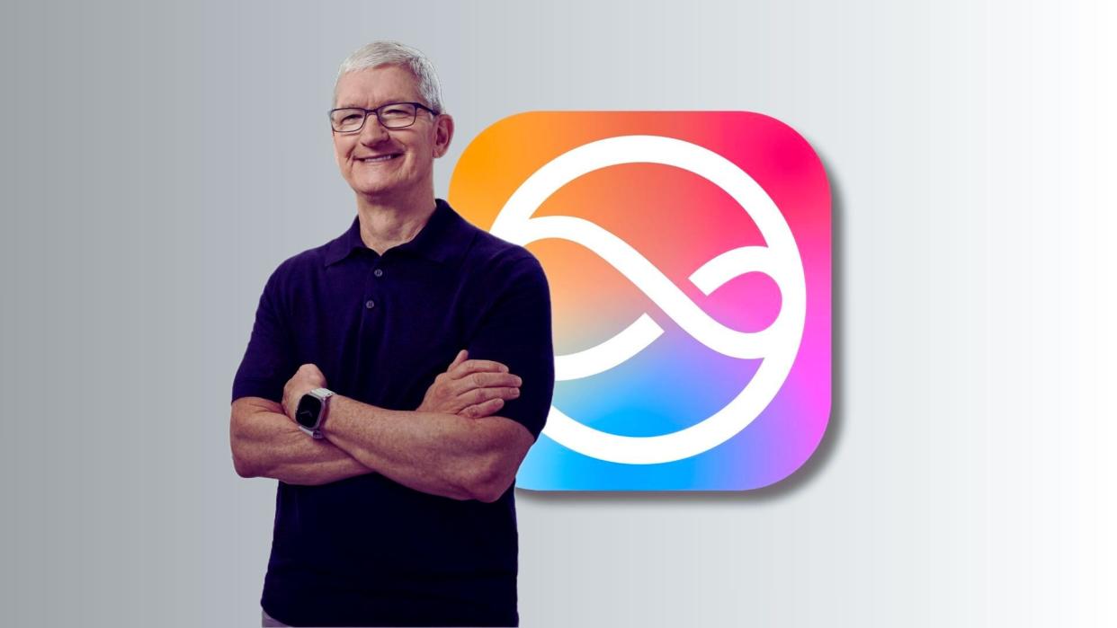  Tim Cook superimposed over the new logo for Siri introduced at WWDC 2024. 