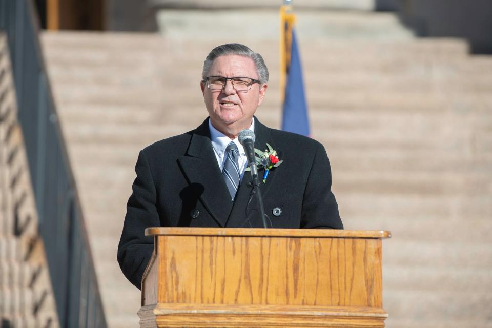 Jeff Chostner gives an address on the steps of the Pueblo County Courthouse after swearing-in for his third term as the 10th Judicial District attorney on Tuesday January 12, 2021.