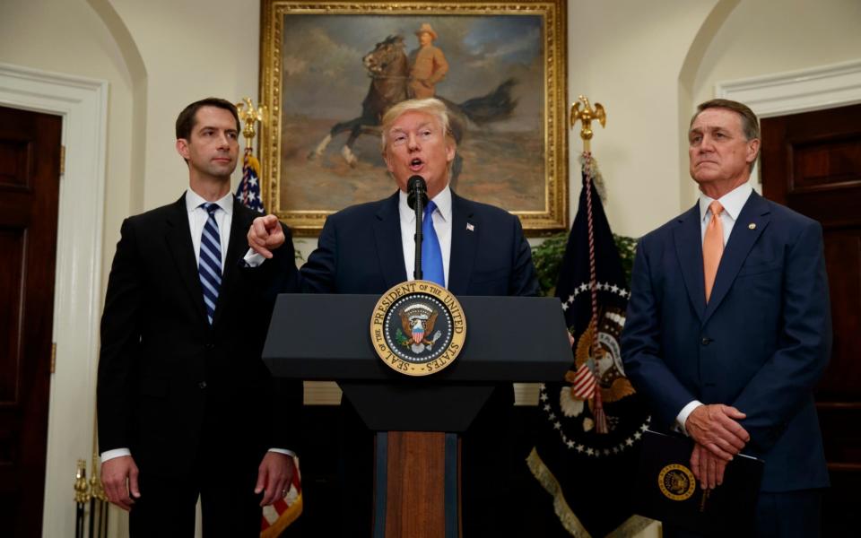 President Donald Trump, flanked by Sen. Tom Cotton, R- Ark., left, and Sen. David Perdue, R-Ga - Credit: AP Photo/Evan Vucci