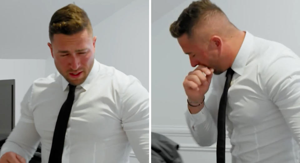 Two photos of MAFS star Harrison Boon sneezing