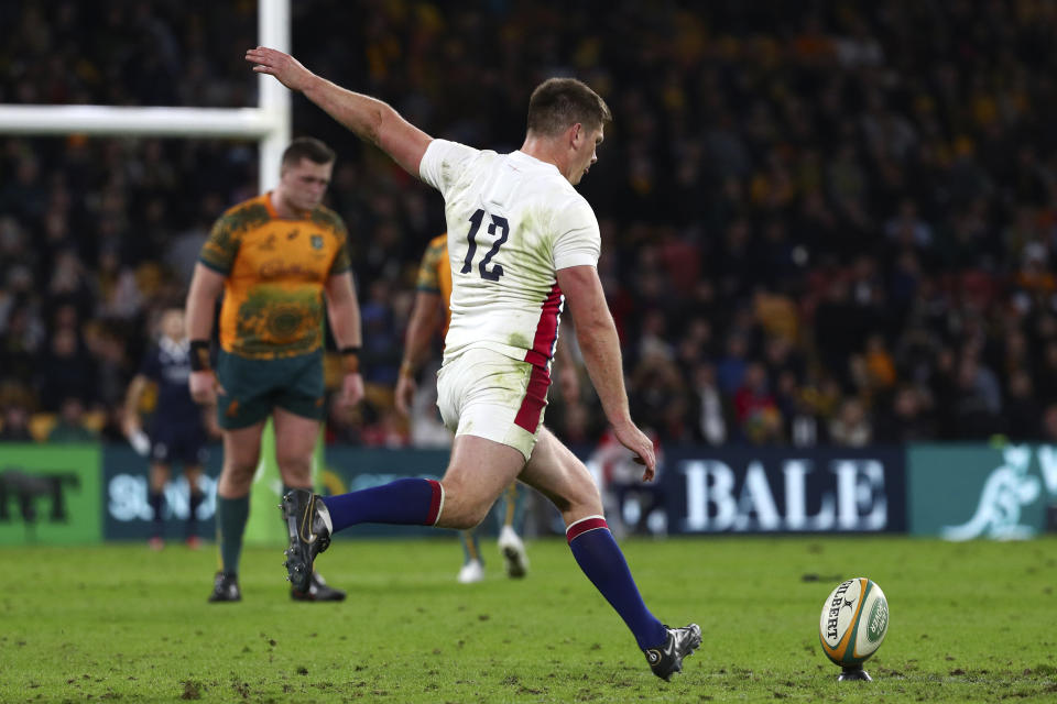 England's Owen Farrell kicks a penalty against Australia during their rugby union match in Brisbane, Australia, Saturday, July 9, 2022. (AP Photo/Tertius Pickard)