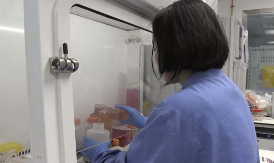 Screen grab taken from video issued by Britain's Oxford University, showing a person working inside the lab working on a potential COVID-19 coronavirus vaccine, untaken by Oxford University in England, Thursday April 23, 2020.  Two volunteers have received the first vaccine trial against the COVID-19 Coronavirus on Thursday. (Oxford University Pool via AP)