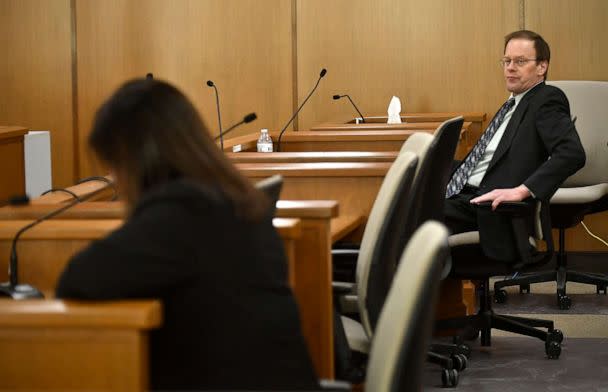 PHOTO: Mark Jensen, right, sits across the room from Deputy District Attorney Carli McNeill during his trial at the Kenosha County Courthouse in Kenosha, Wis., on Feb. 1, 2023. (The Kenosha News via AP, Pool)