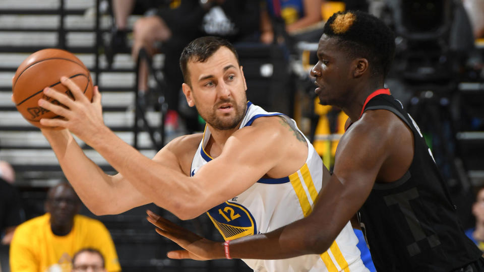 Andrew Bogut clashes with Clint Capela in the Warriors' Game 1 win. Pic: Getty