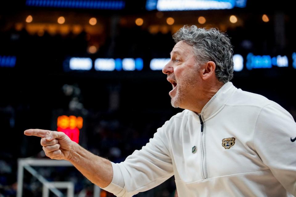 Oakland Golden Grizzlies head coach Greg Kampe reacts to a play in the first round of the NCAA tournament vs. Kentucky at PPG Paints Arena in Pittsburgh, Pennsylvania on Thursday, March 21, 2024.