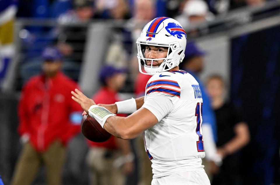 BALTIMORE, MARYLAND - SEPTEMBER 29: Mitchell Trubisky #11 of the Buffalo Bills drops back to pass against the Baltimore Ravens at M&T Bank Stadium on September 29, 2024 in Baltimore, Maryland. (Photo by G Fiume/Getty Images)