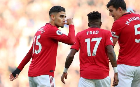 Andreas Pereira celebrates after scoring the opener against Brighton - Credit: Getty Images