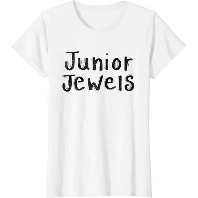 white t-shirt that reads "junior jewels"