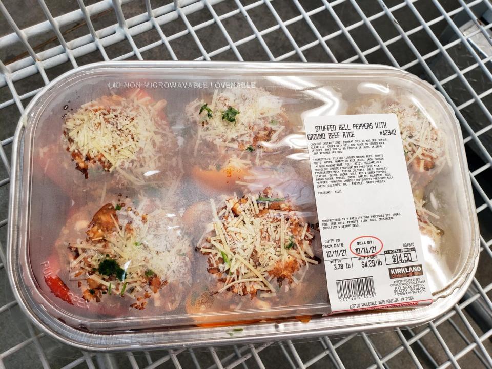 Costco stuff bell peppers in clear container in cart