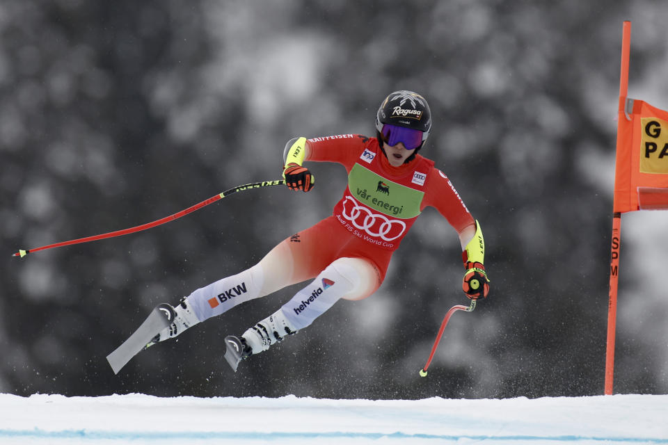 Switzerland's Lara Gut Behrami speeds down the course during an alpine ski, women's World Cup super-G race, in Kvitfjell, Norway, Sunday, March 3, 2024. (AP Photo/Gabriele Facciotti)