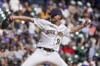 Milwaukee Brewers starting pitcher Eric Lauer throws during the first inning of a baseball game against the Chicago Cubs Sunday, Sept. 19, 2021, in Milwaukee. (AP Photo/Morry Gash)