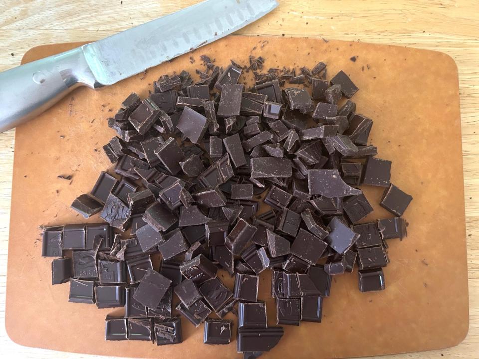 Chopping chocolate for Ina Garten's chocolate cake with mocha frosting