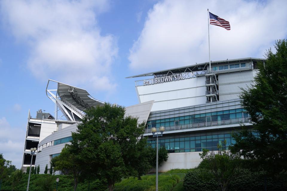 The name of Paul Brown Stadium, pictured, Wednesday, July 20, 2022, has remained unchanged since it opened in 2000. The Cincinnati Bengals are shopping naming rights to Paul Brown Stadium and have alerted city and county officials to be prepared to move quickly on approvals should they be needed.