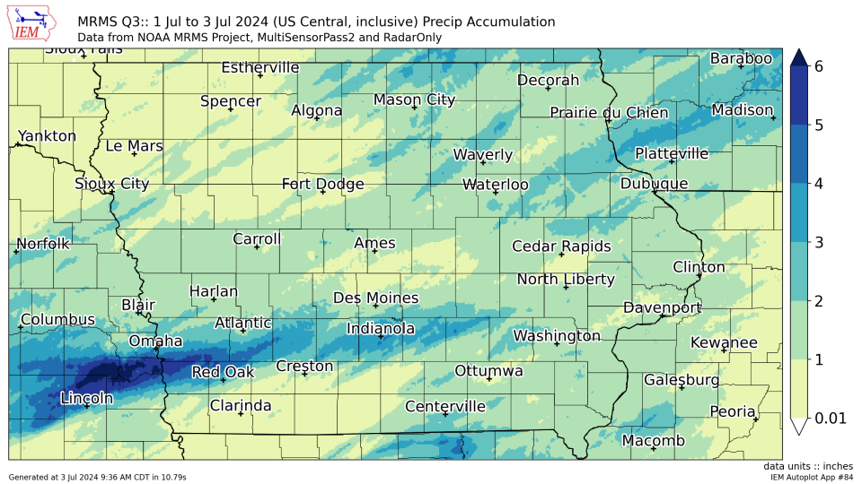 A narrow band of heavy rain fell across Iowa between Monday and Tuesday.