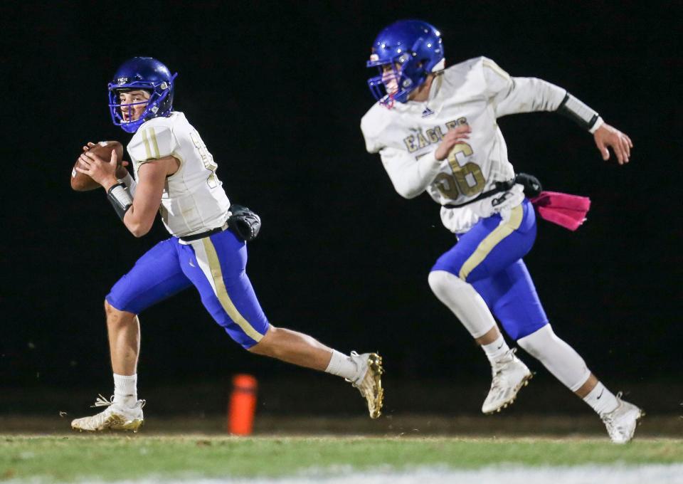 Bethlehem's Cooper Stone looks to pass Friday night while playing against Kentucky Country Day. Nov. 19, 2021