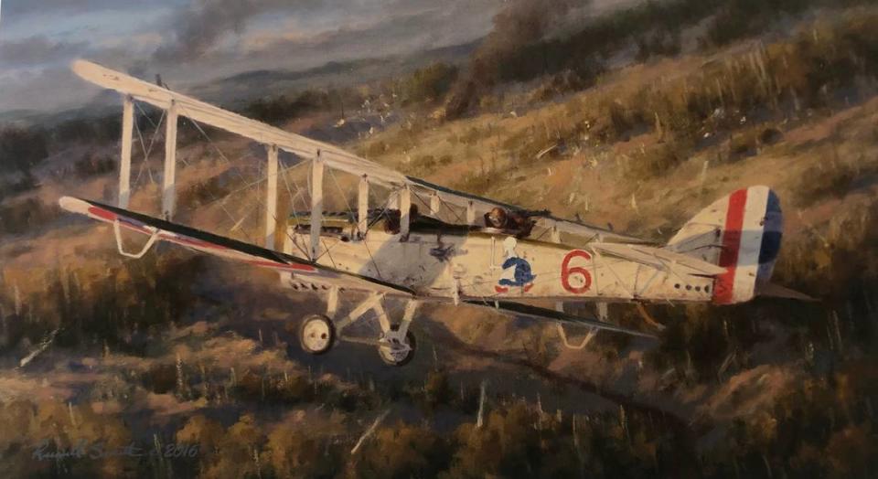 A painting by Russell Smith depicts Erwin Bleckley and Harold Goettler during their fatal flight in search of the Lost Battalion on October 6, 1918.
