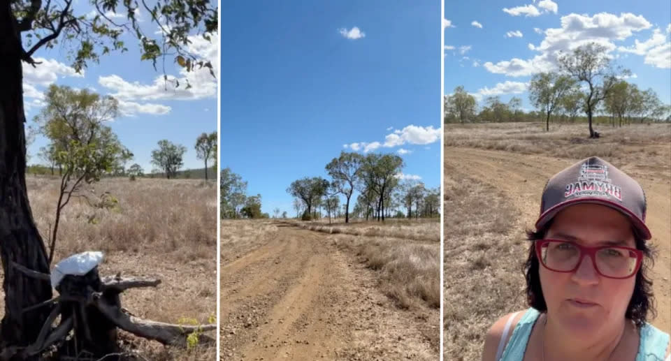 The parcel left under a tree on a property (left), the rural property (middle), and the woman on her property (right). 