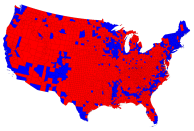 For election results by county, the traditional map breaks down the red and blue winners. Again, red appears to dominate.