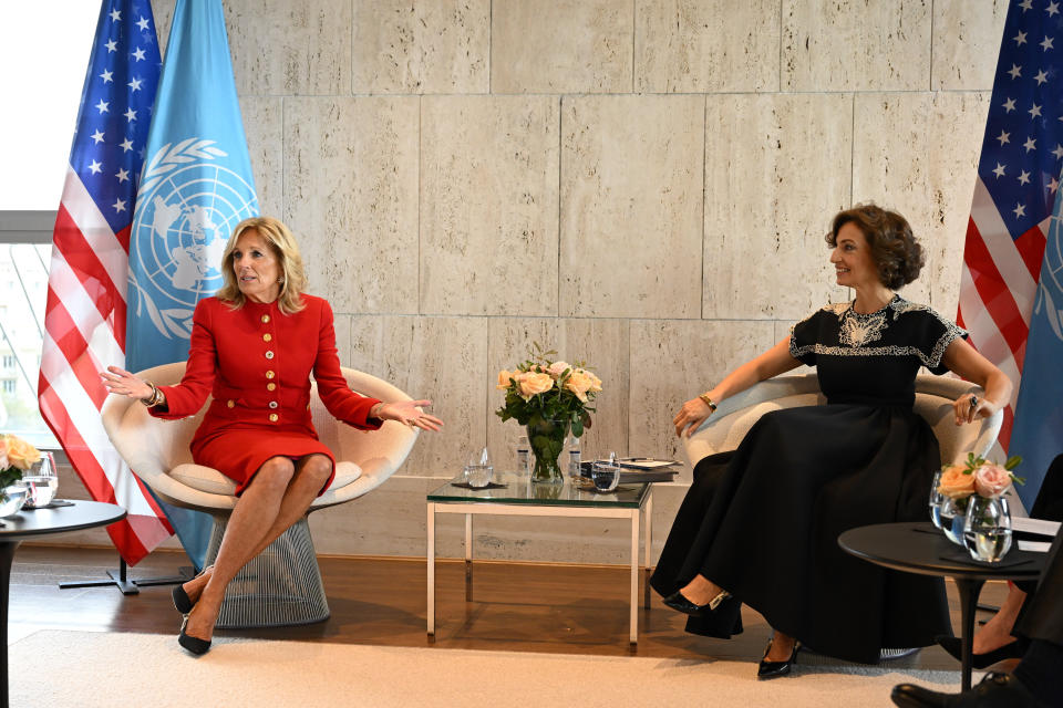 First Lady Jill Biden, left, and Unesco Director General Audrey Azoulay talk at the UNESCO headquarters in Paris, Tuesday, July 25, 2023. U.S. first lady Jill Biden visited Paris on Tuesday to attend a flag-raising ceremony at UNESCO, marking Washington's official reentry into the U.N. agency after a five-year hiatus. (Bertrand Guay, Pool via AP)