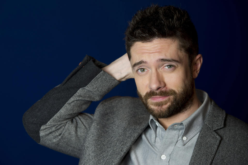 In this April 16, 2012 photo, actor Topher Grace poses for a portrait in New York. Grace stars in the off Broadway play "Lonely, I’m Not" and in an independent film called "The Giant Mechanical Man." (AP Photo/Charles Sykes)