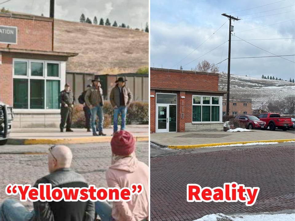 Photos of the site of a protest in "Yellowstone" and in real life.