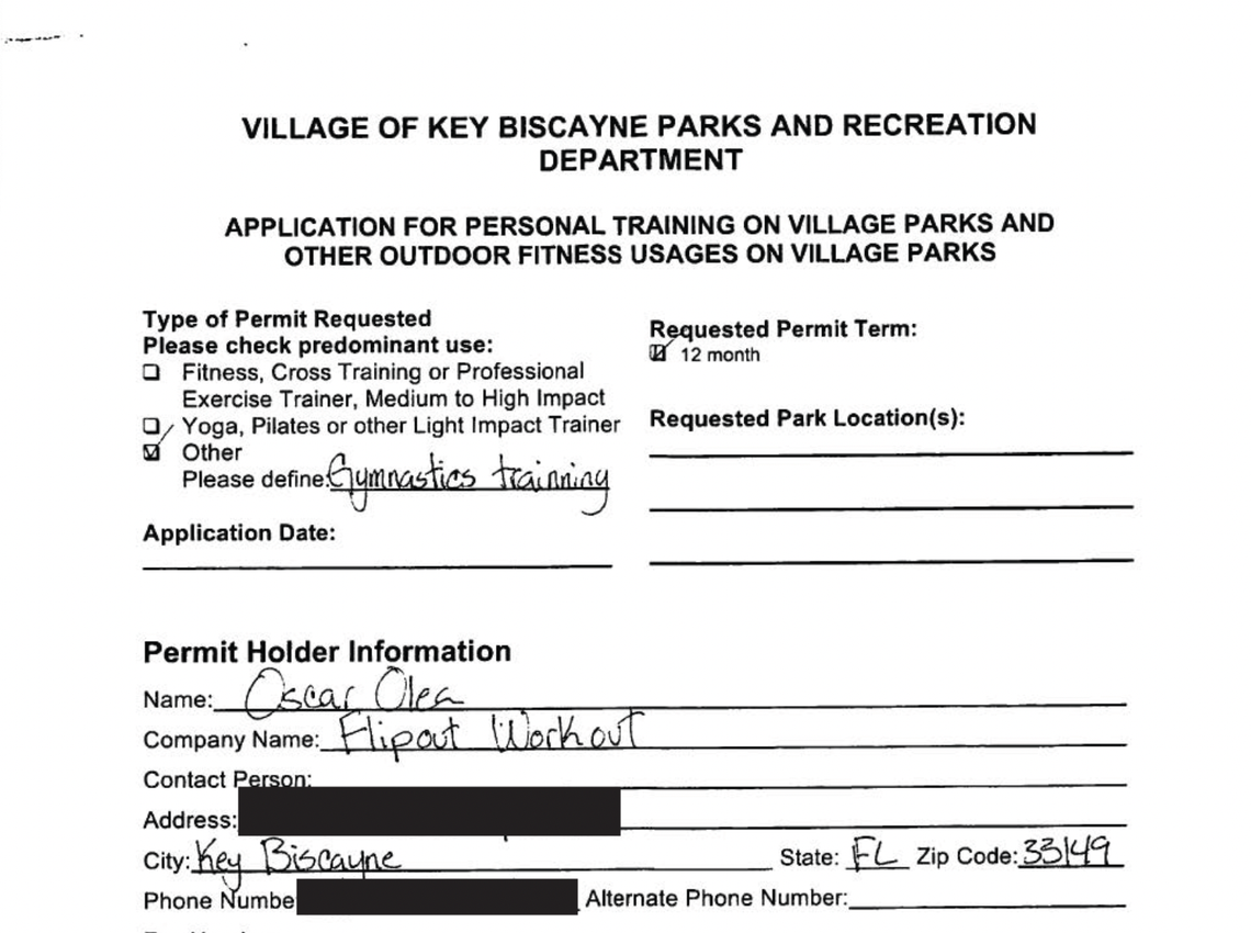 A permit application by gymnastics coach Oscar Olea for approval by the village of Key Biscayne.